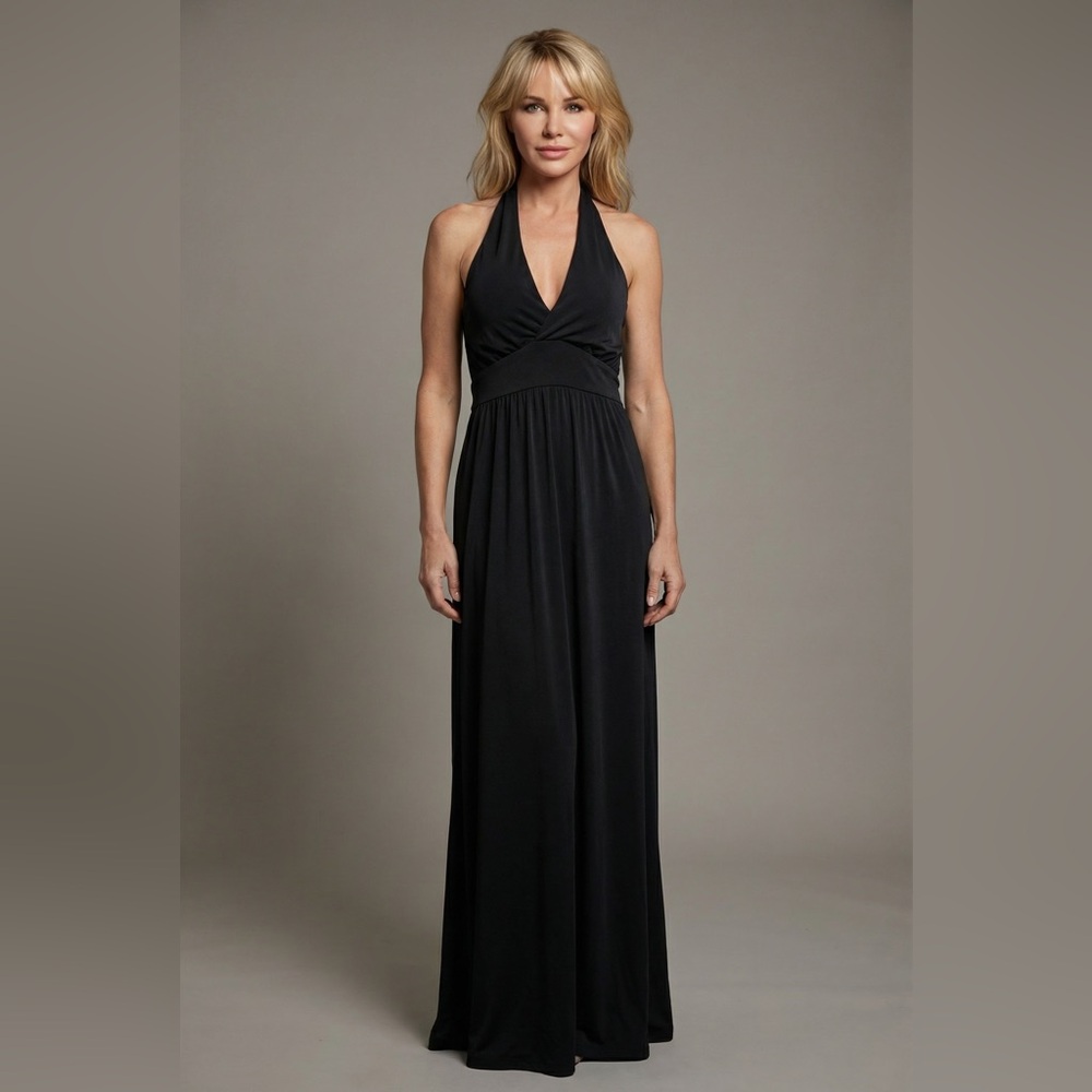NWT - Elegant Halston Heritage Black Halter Maxi Dress Sz 6
